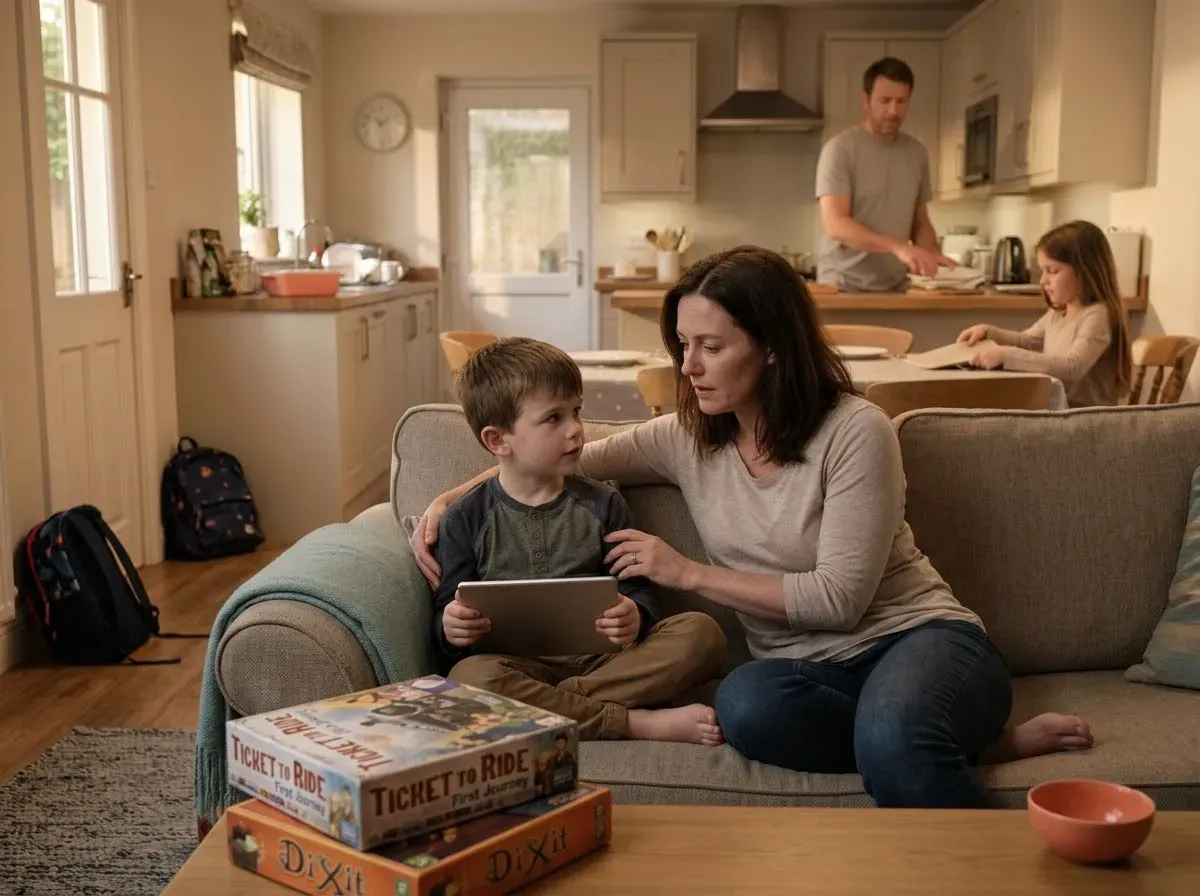 Mother calmly preparing child for a screen-time transition