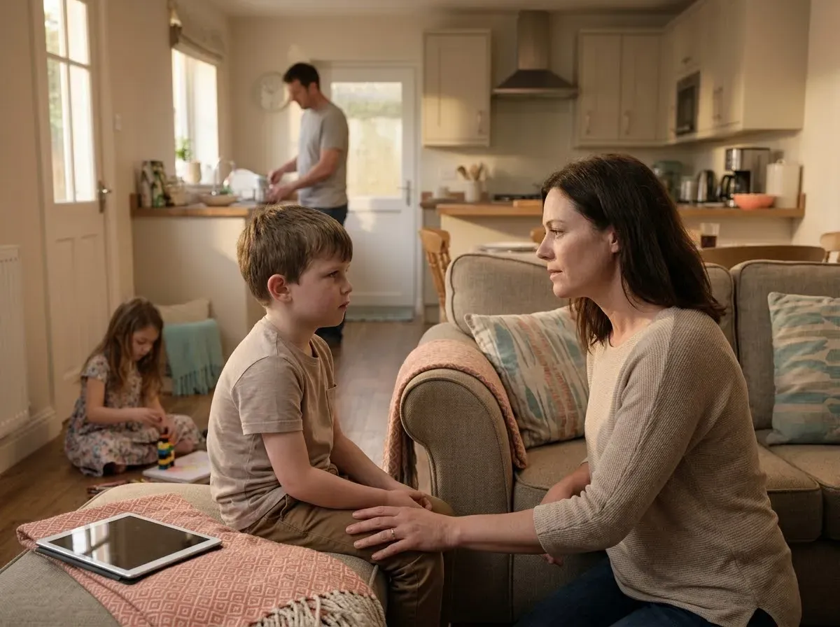 Parent calmly recovering from a difficult screen-time moment