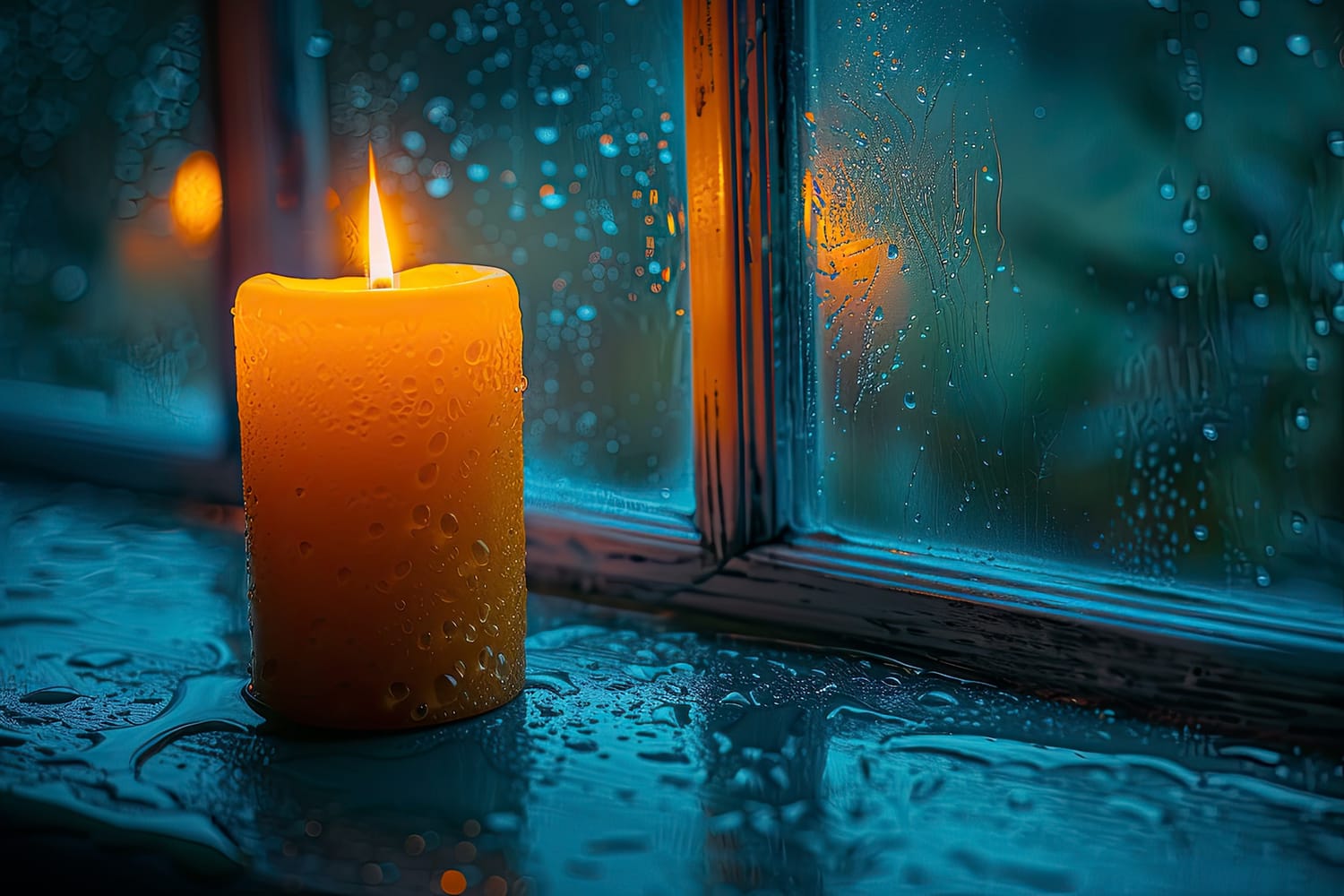 single candle burning in cottage window at twilight