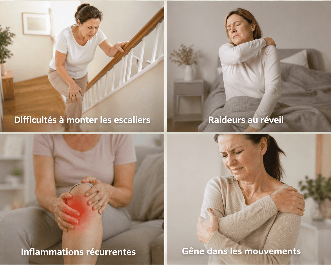 Douleurs articulaires et tensions chez la femme : escaliers, raideurs au réveil, genou, épaule