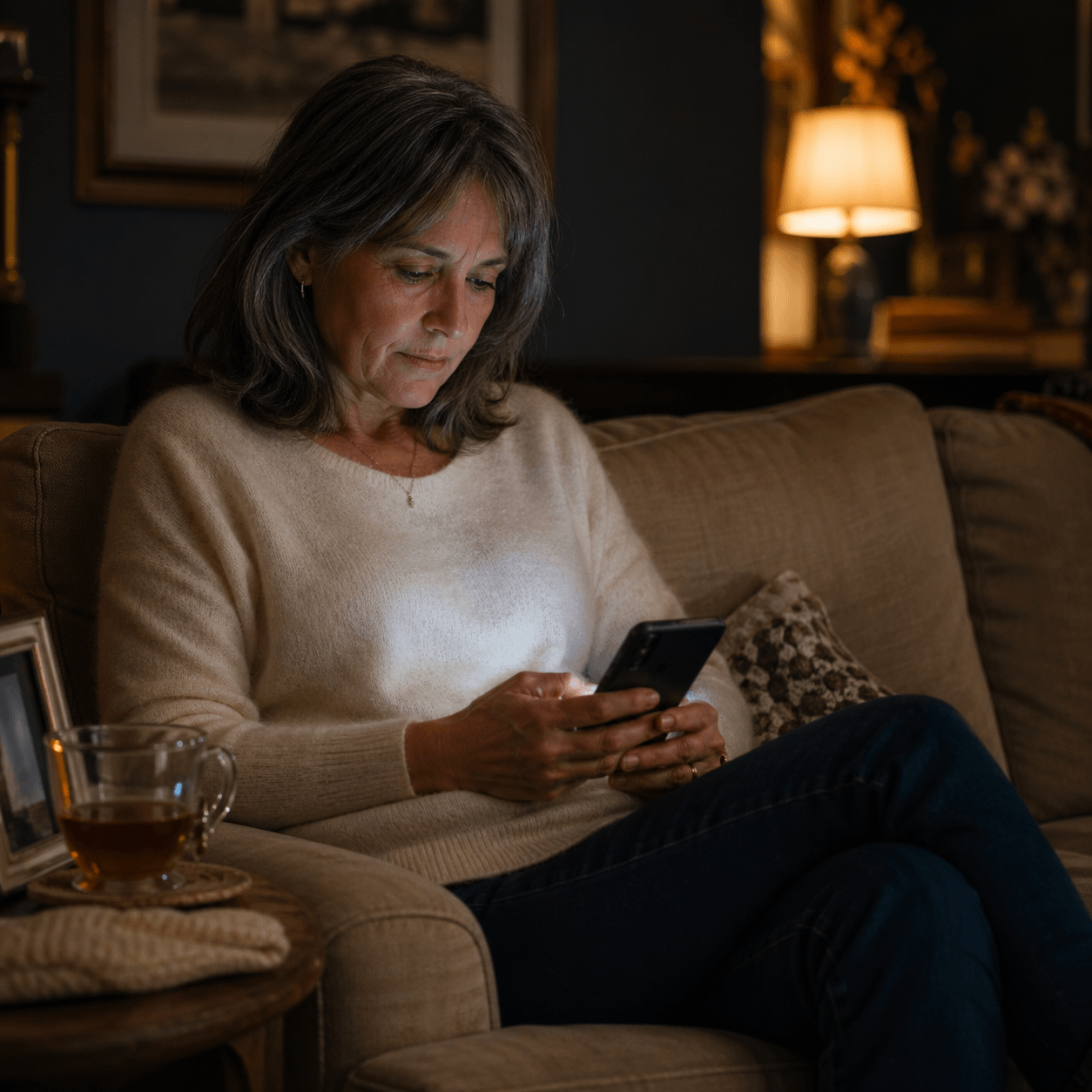 A widow alone on the couch at night, holding her smartphone with a thoughtful expression