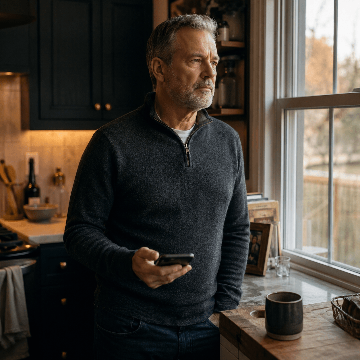 A widower standing alone by the window at dusk, holding his phone with a quiet, frustrated expression