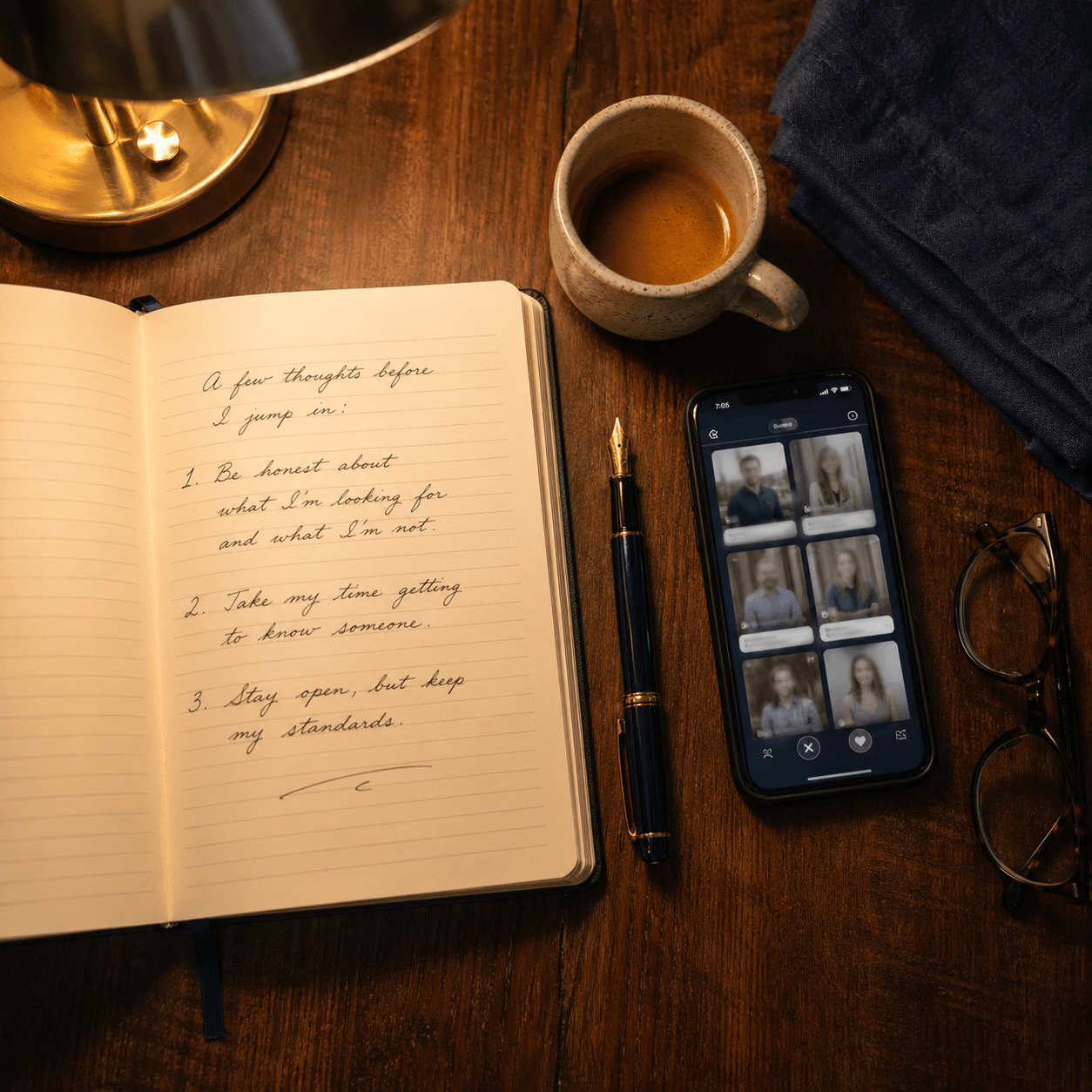 A flat-lay desk with an open notebook, smartphone, and pen symbolizing a written, structured 1-2-3 dating system