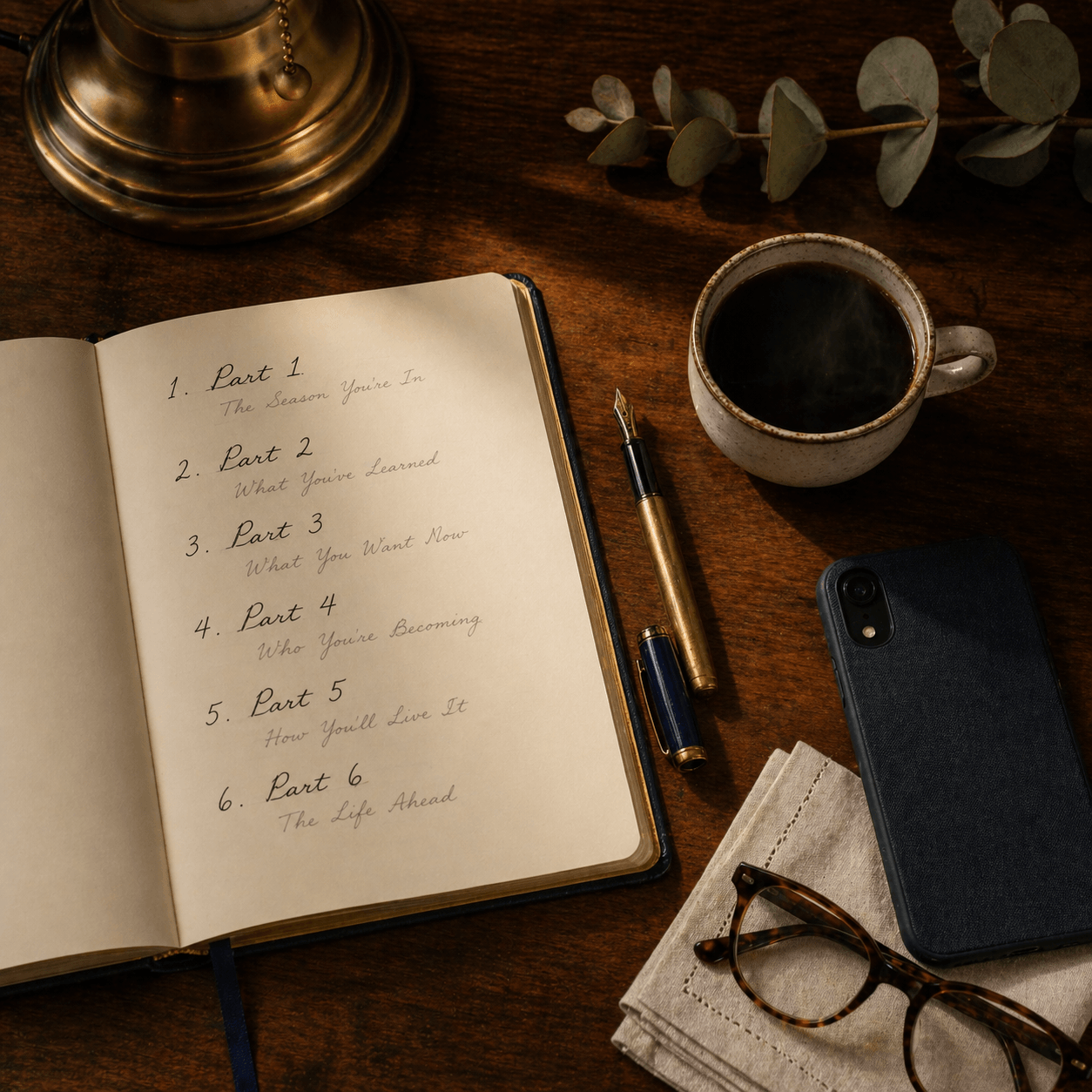 An open notebook with six numbered sections on a refined desk - visualizing the structured 6-part Widated curriculum