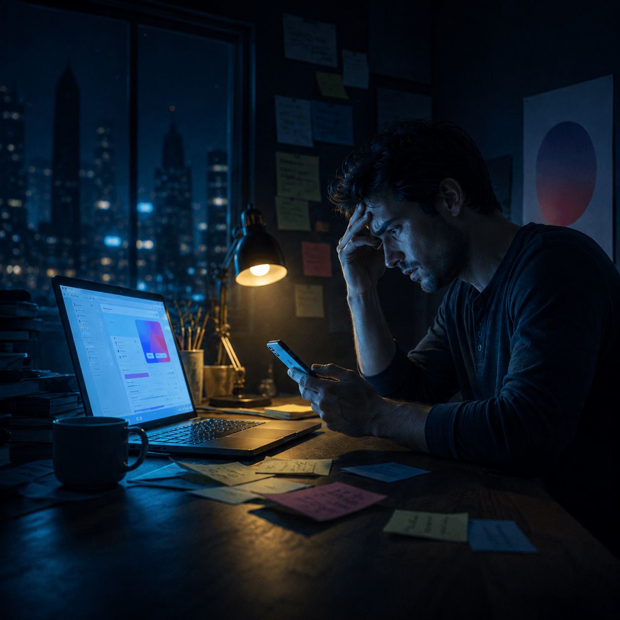 Freelancer checking their phone late at night, stressed about an overdue invoice