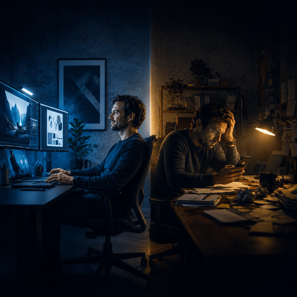 Creative freelancer — skilled and confident at work, stressed and anxious about unpaid invoices
