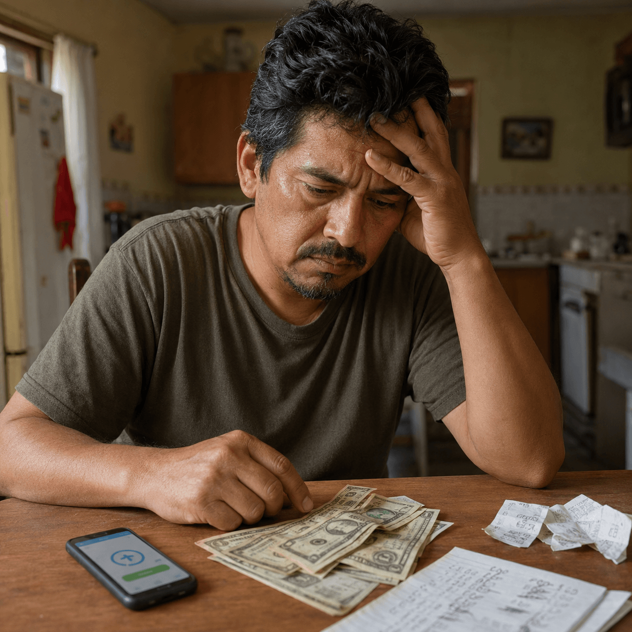 Migrante nicaragüense estresado mirando dinero y recibos en la mesa