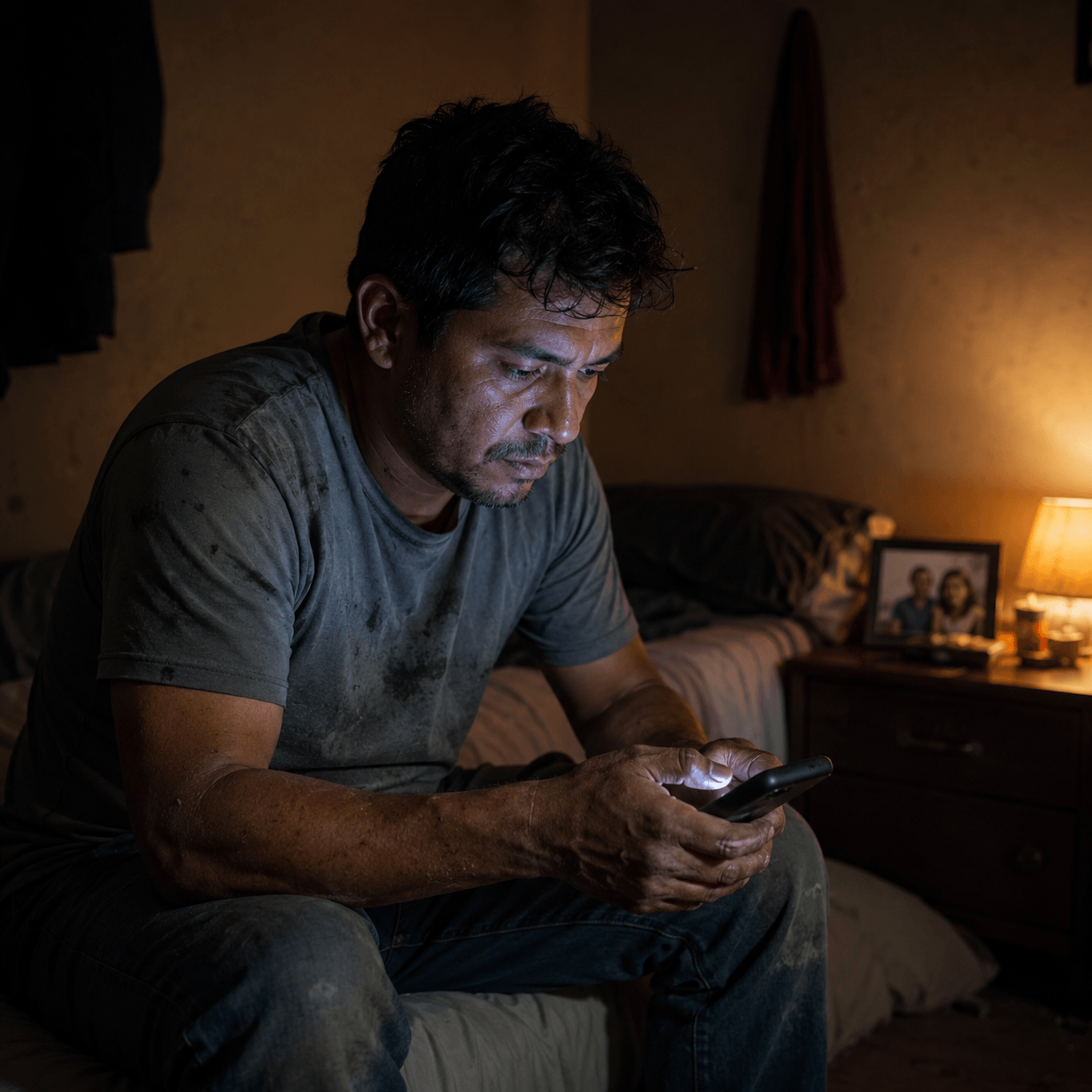 Trabajador nicaragüense exhausto de noche mirando el teléfono