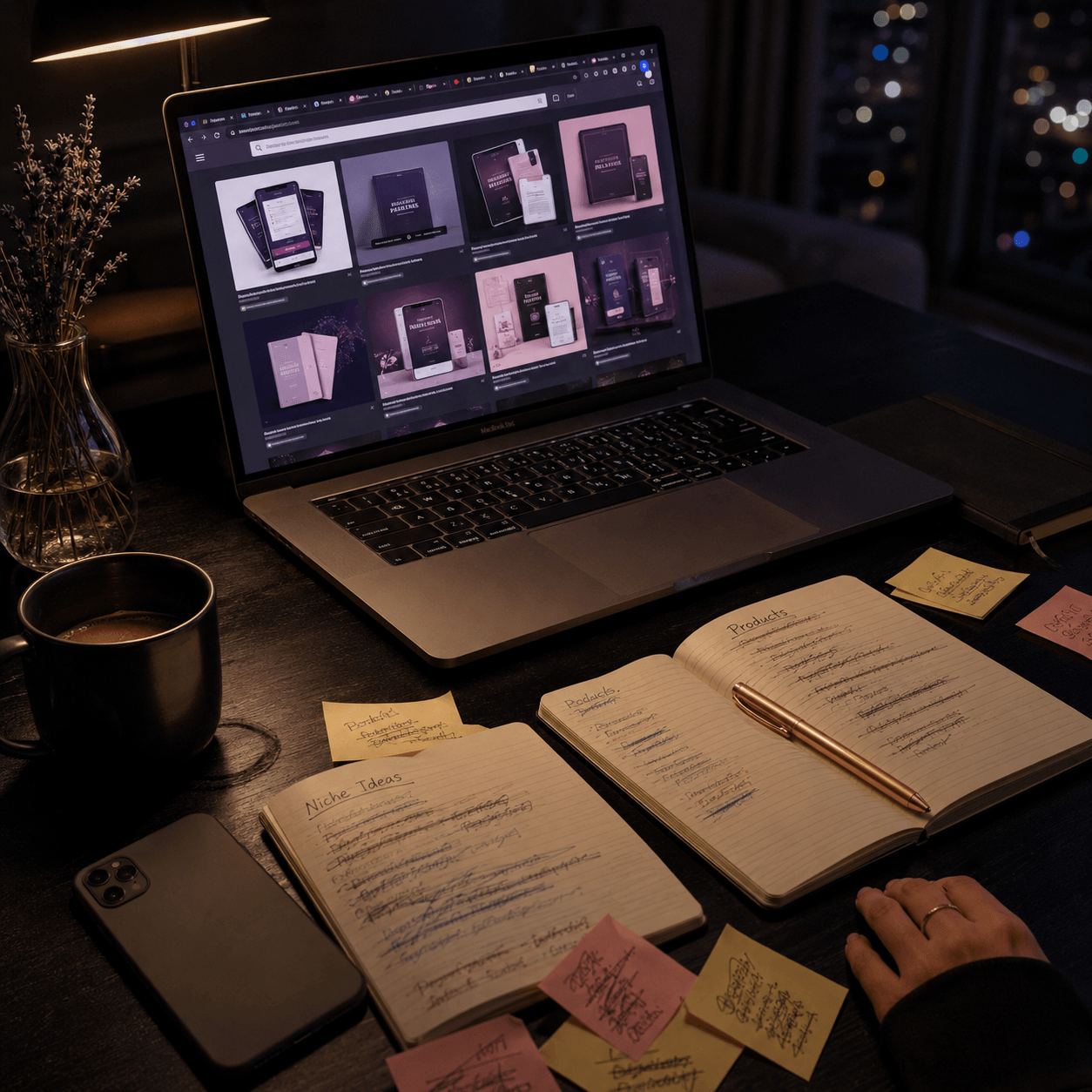 Late-night desk with laptop screen showing a grid of digital product mockups, scattered notebooks with crossed-out product ideas, and cold coffee