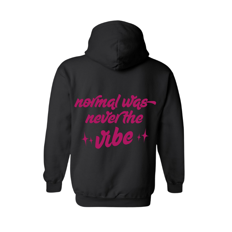 Black Relationspot hoodie with Normal Was Never the Vibe on the back