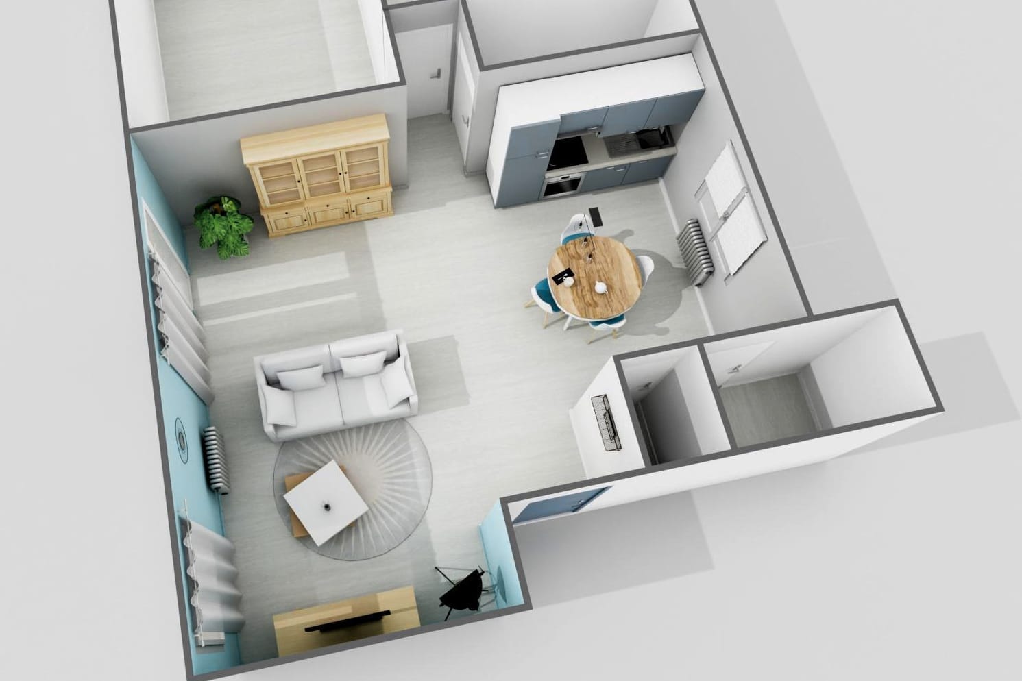 Plan 3D cuisine et salon vu de dessus