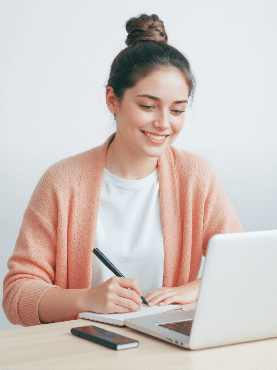 Femme écrivant sur un carnet face à un ordinateur portable