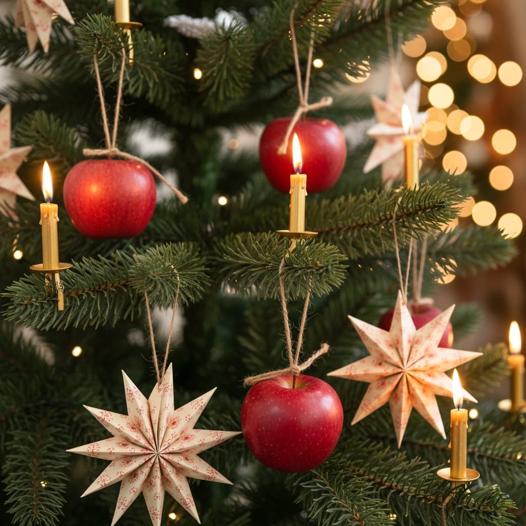 Sapin de Noël avec pommes de pin et bougies