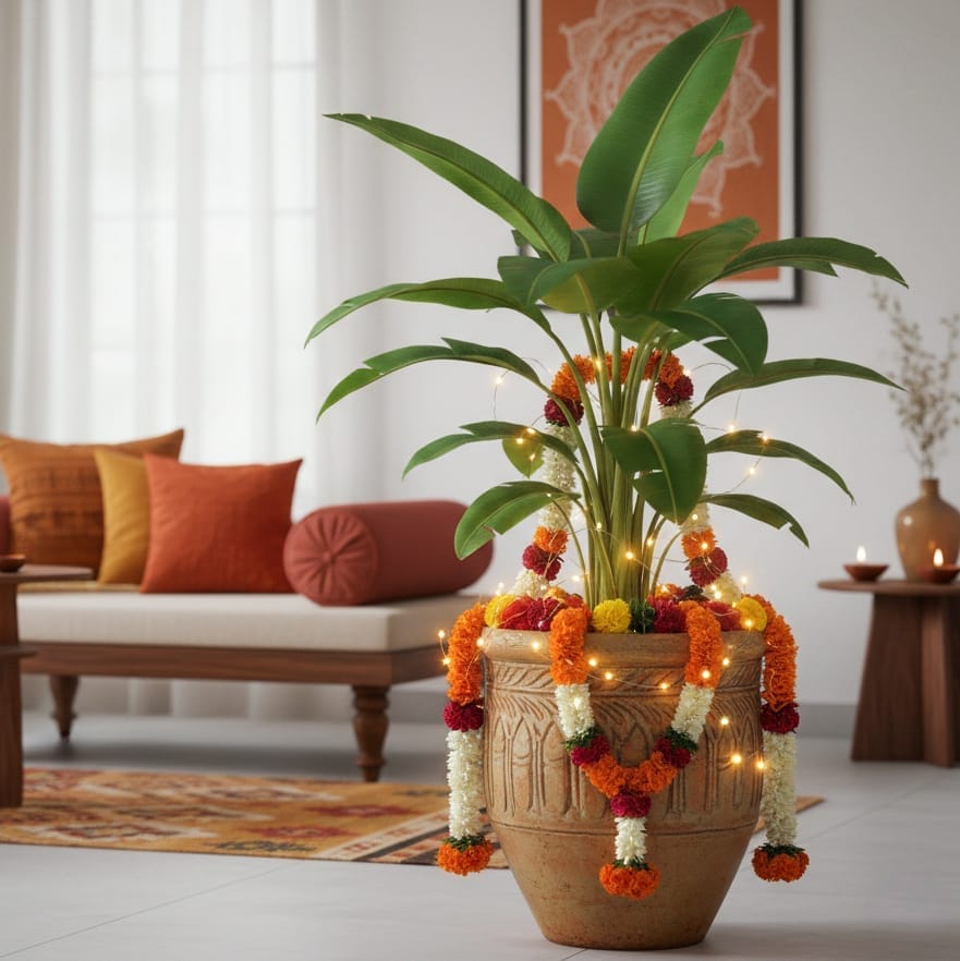 Bananier de Noël avec guirlandes de rangoli et des lumières