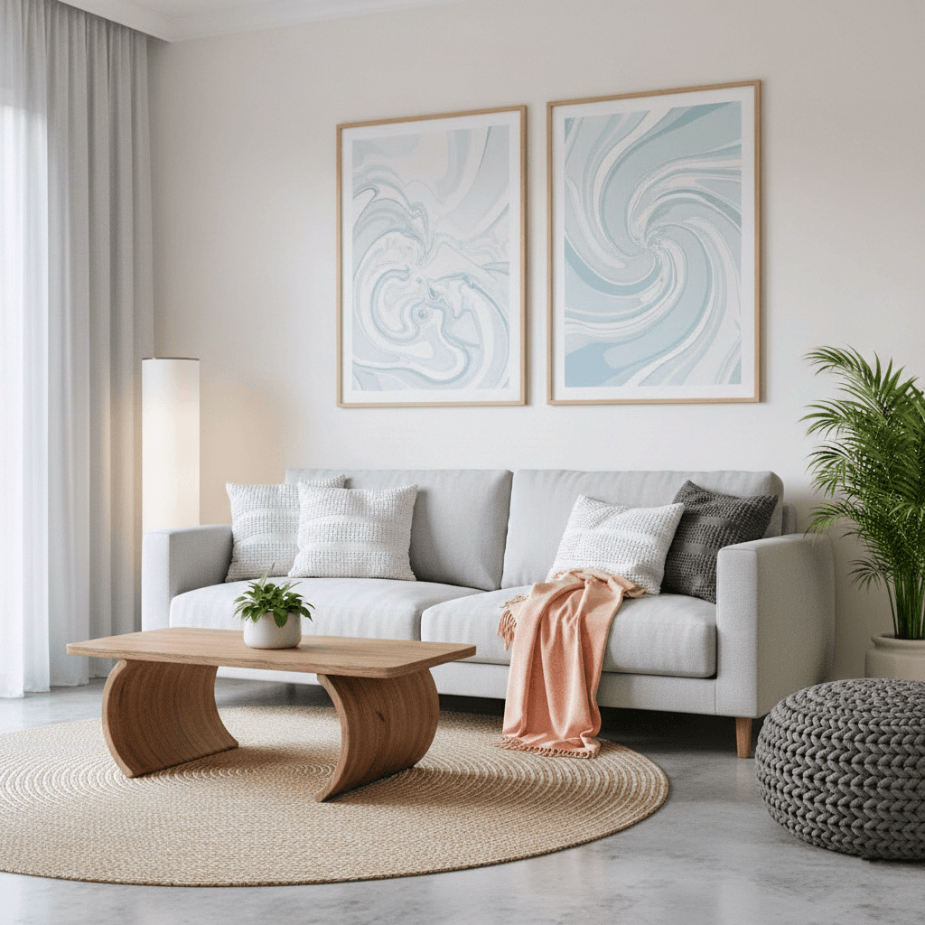 Salon avec sol en béton, canapé gris clair, table basse en bois rustique