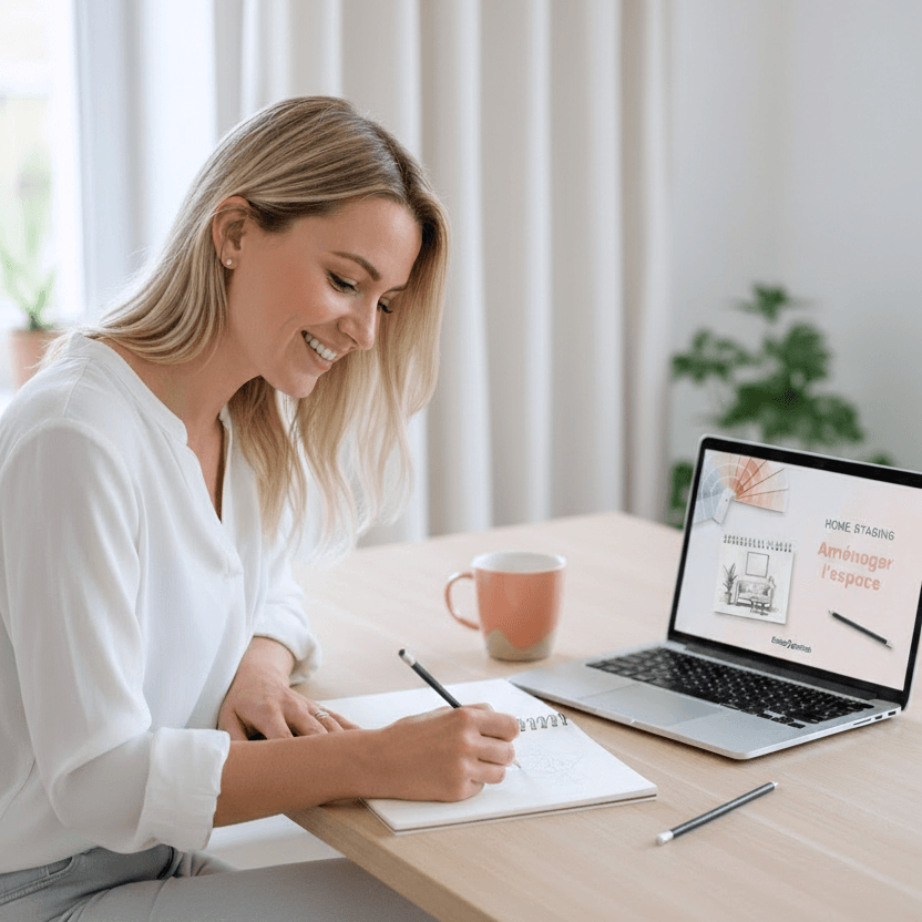 Femme qui écrit sur un carnet, assise à un bureau face à un ordinateur affichant une formation en home staging