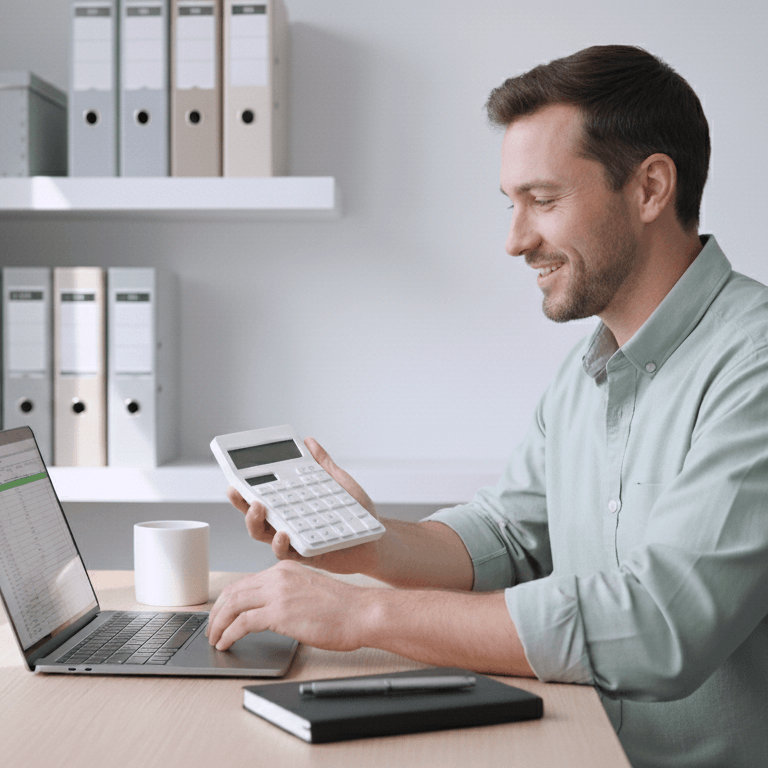Home stager professionnel assis à son bureau, devant son ordinateur portable, calculatrice à la main