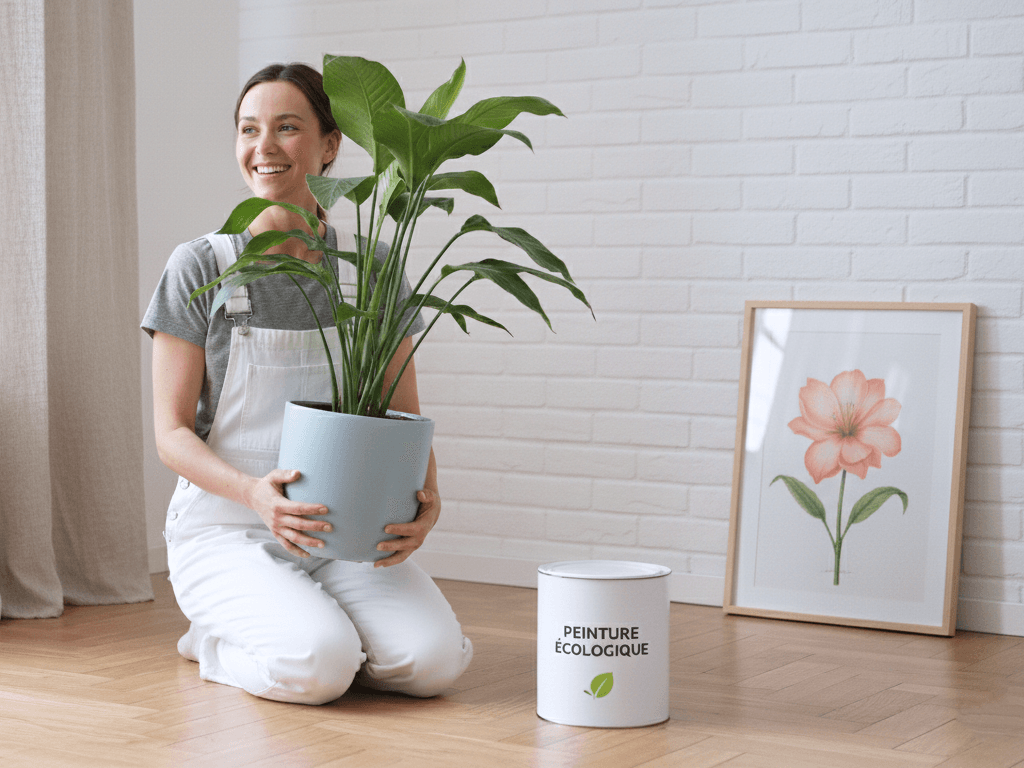 Home stager femme tenant une plante verte dans les bras, agenouillée à côté d'un pot de peinture écologique