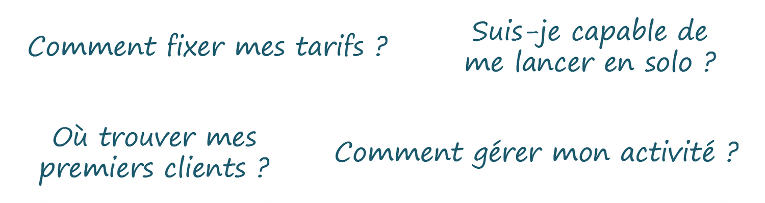 Questions d'une personne en reconversion : Comment fixer mes tarifs ? Où trouver mes premiers clients ? Comment gérer mon activité ?