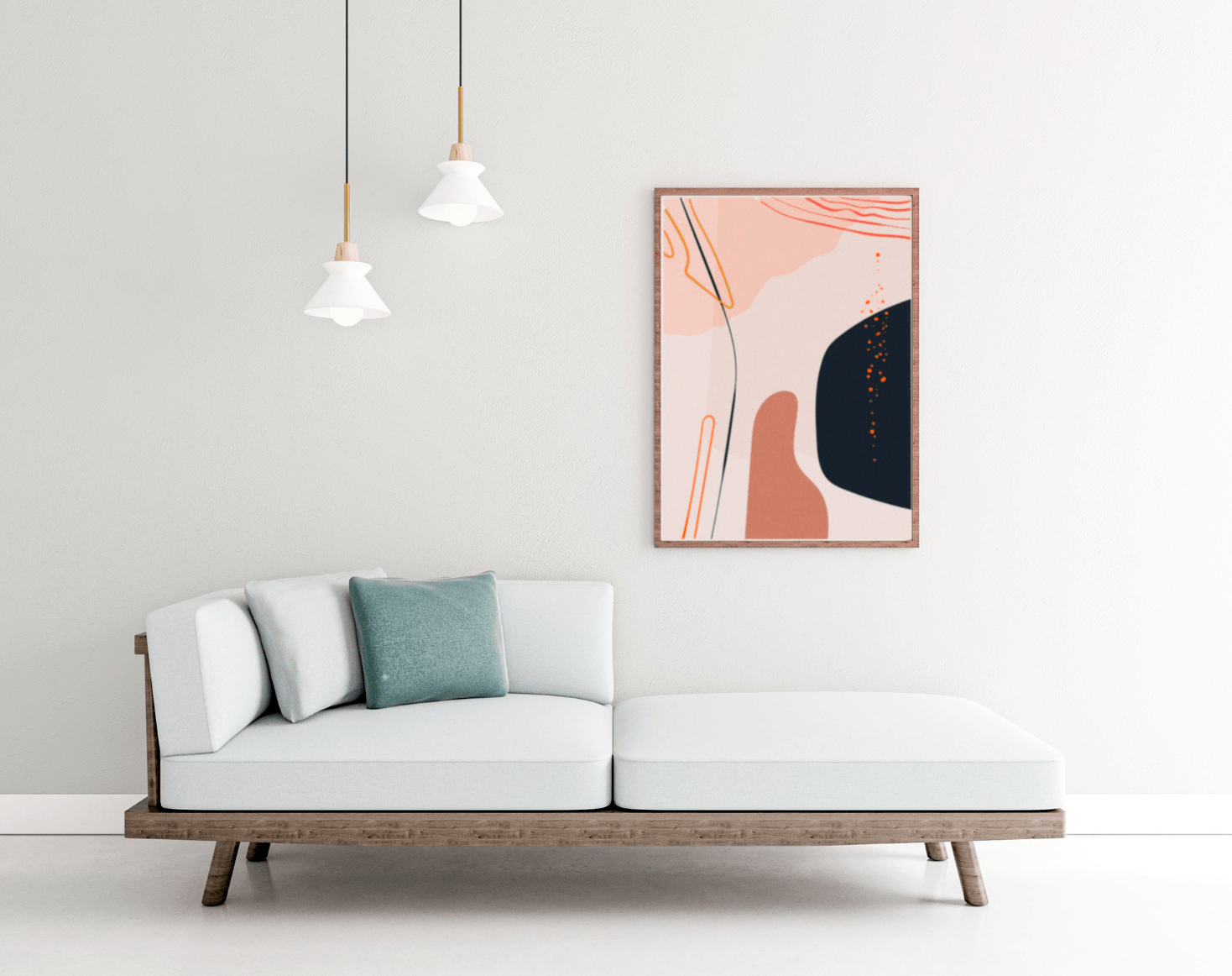 Canapé blanc, tableau abstrait, suspensions blanches