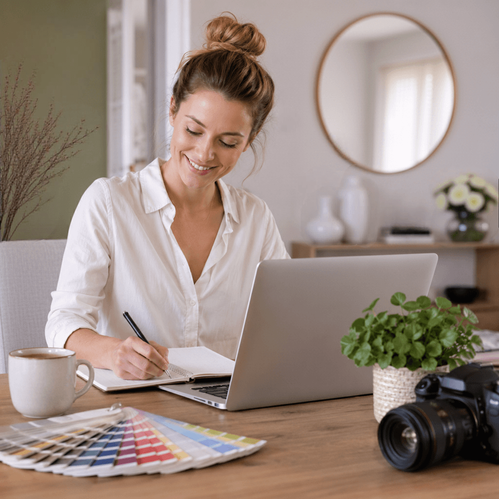 Femme qui écrit sur un carnet, assise à un bureau face à un ordinateur