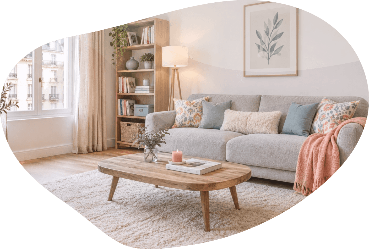 Salon chaleureux avec canapé gris clair, de multiples coussins, un plaid corail, décoration sobre et minimaliste