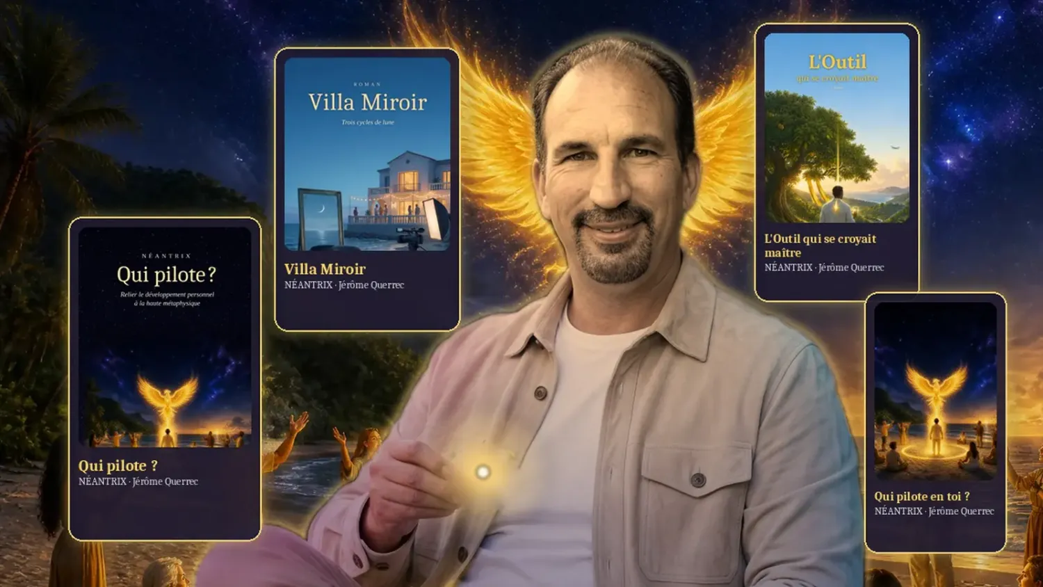 Jérôme Querrec devant le phénix doré de Néantrix, entouré de ses livres : Qui pilote ?, Villa Miroir et L'Outil qui se croyait maître