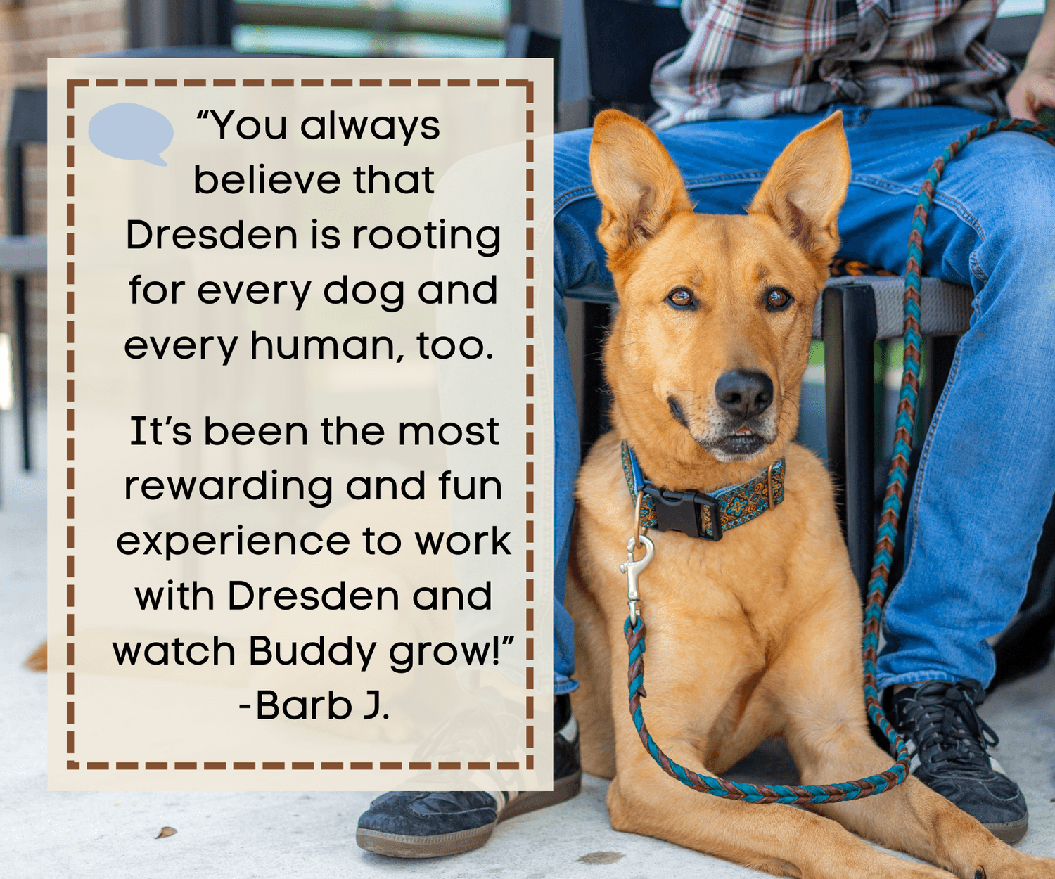  “You always believe that Dresden is rooting for every dog and every human, too.   It’s been the most rewarding and fun experience to work with Dresden and watch Buddy grow!” -Barb J.
