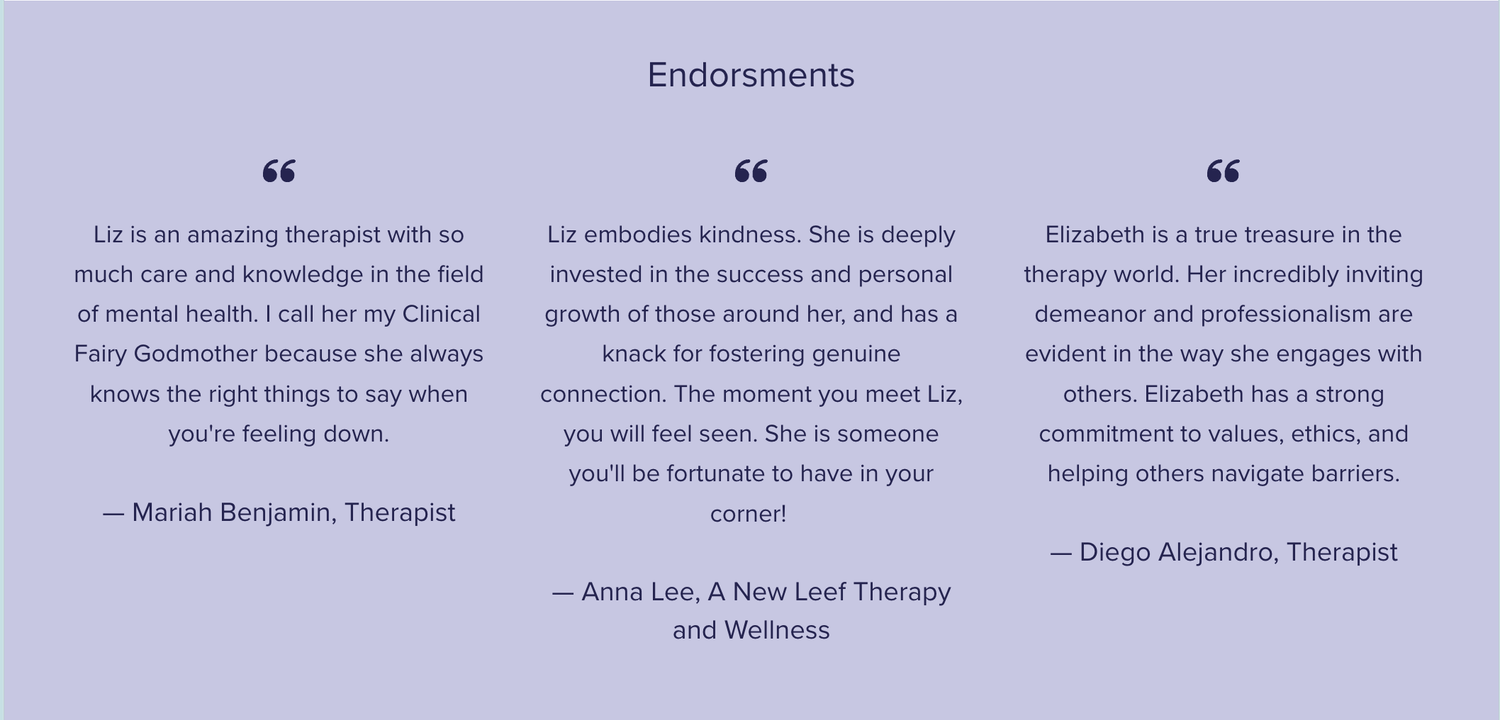 Endorsements highlighting positive feedback for virtual therapy and consultation services