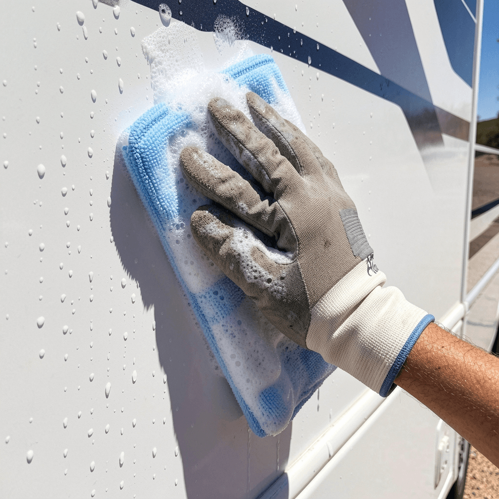 RV exterior wash - gloved hand cleaning RV surface