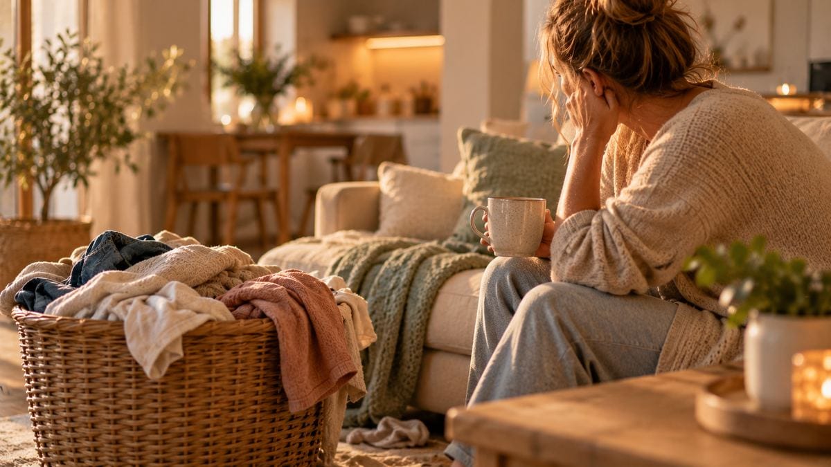 Frau sitzt erschöpft auf dem Sofa, neben ihr ein voller Wäschekorb