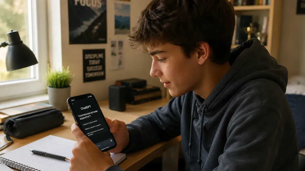Adolescent seul dans sa chambre utilisant ChatGPT sur son téléphone pour ses devoirs