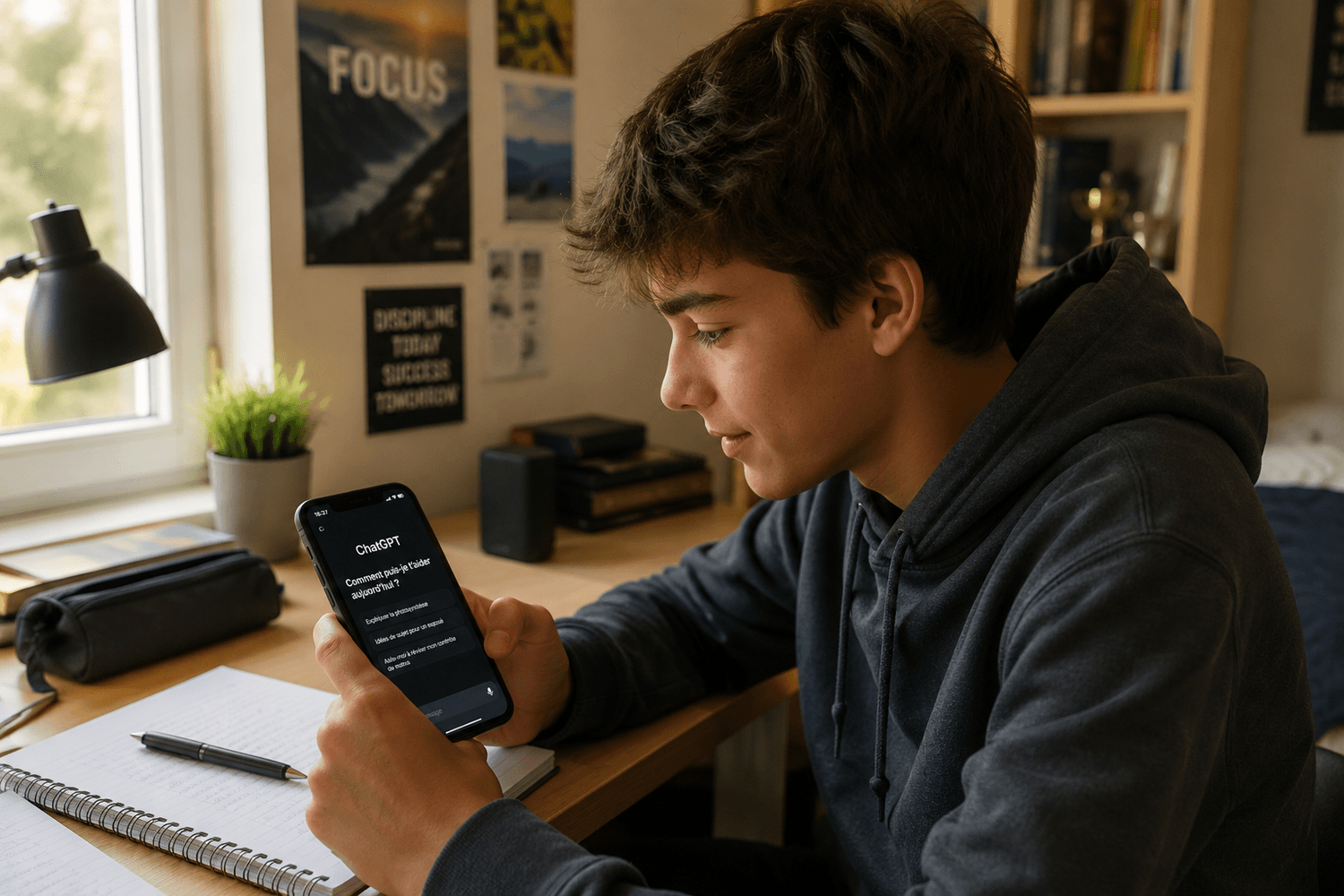 Adolescent utilisant ChatGPT sur son téléphone pour ses devoirs