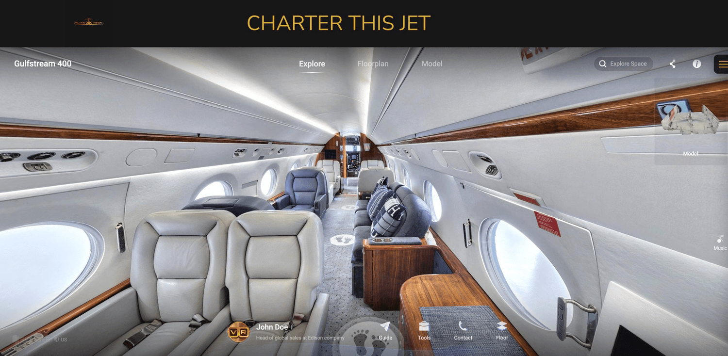 Gulfstream cabin shown in a Plane Vision immersive tour