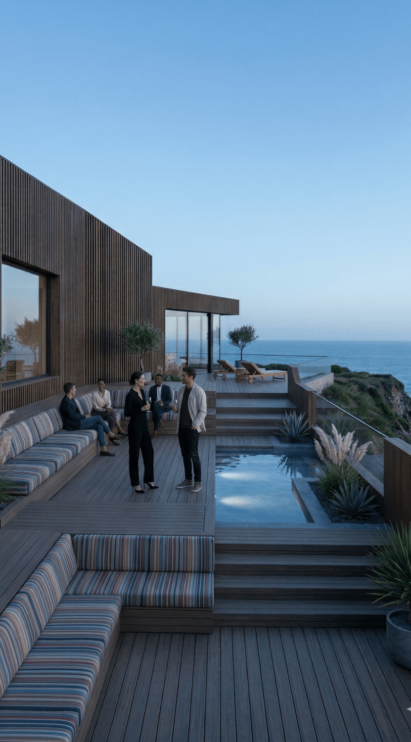 A luxury coastal terrace with photorealistic rendering, demonstrating AI-powered workflow optimization
