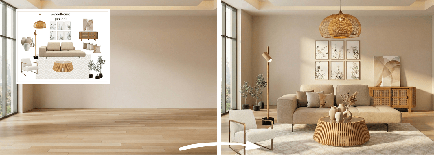 Furnishing room from moodboard - Japandi moodboard in the living room