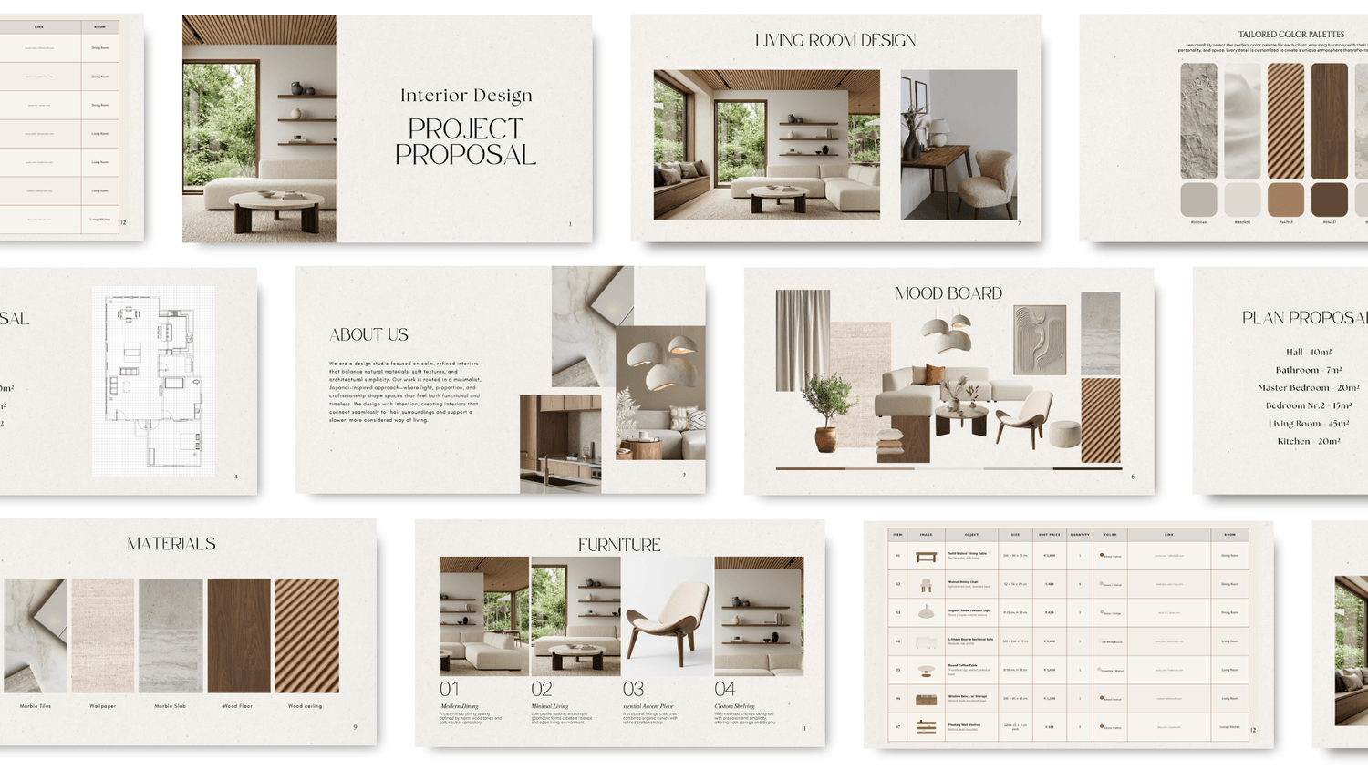 Interior design Canva showing project proposal pages, floor plans, moodboards, materials boards and client presentation layouts