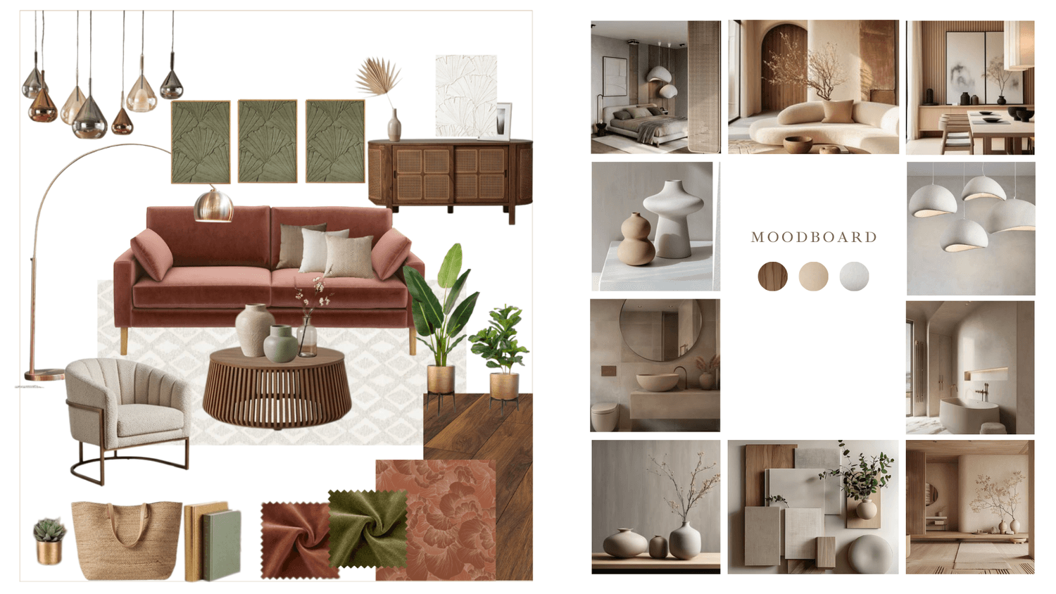 Interior design Canva moodboard showing furniture collage, color palette, materials, decor elements and styled room inspiration board