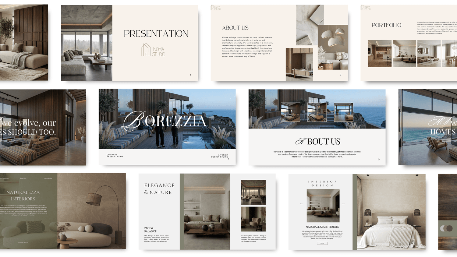 Canva presentation templates for interior designers showing portfolio layouts, branding pages, project showcases and client proposal designs