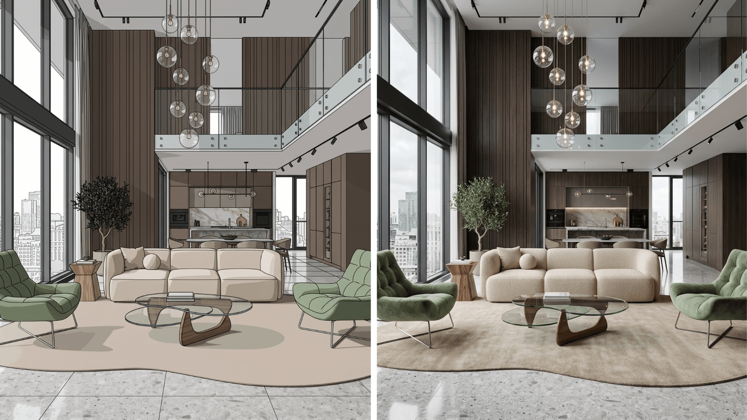 AI rendering of a luxury double-height living room, shown as a side-by-side comparison between a sketchup 3D model and a photorealistic interior visualization.