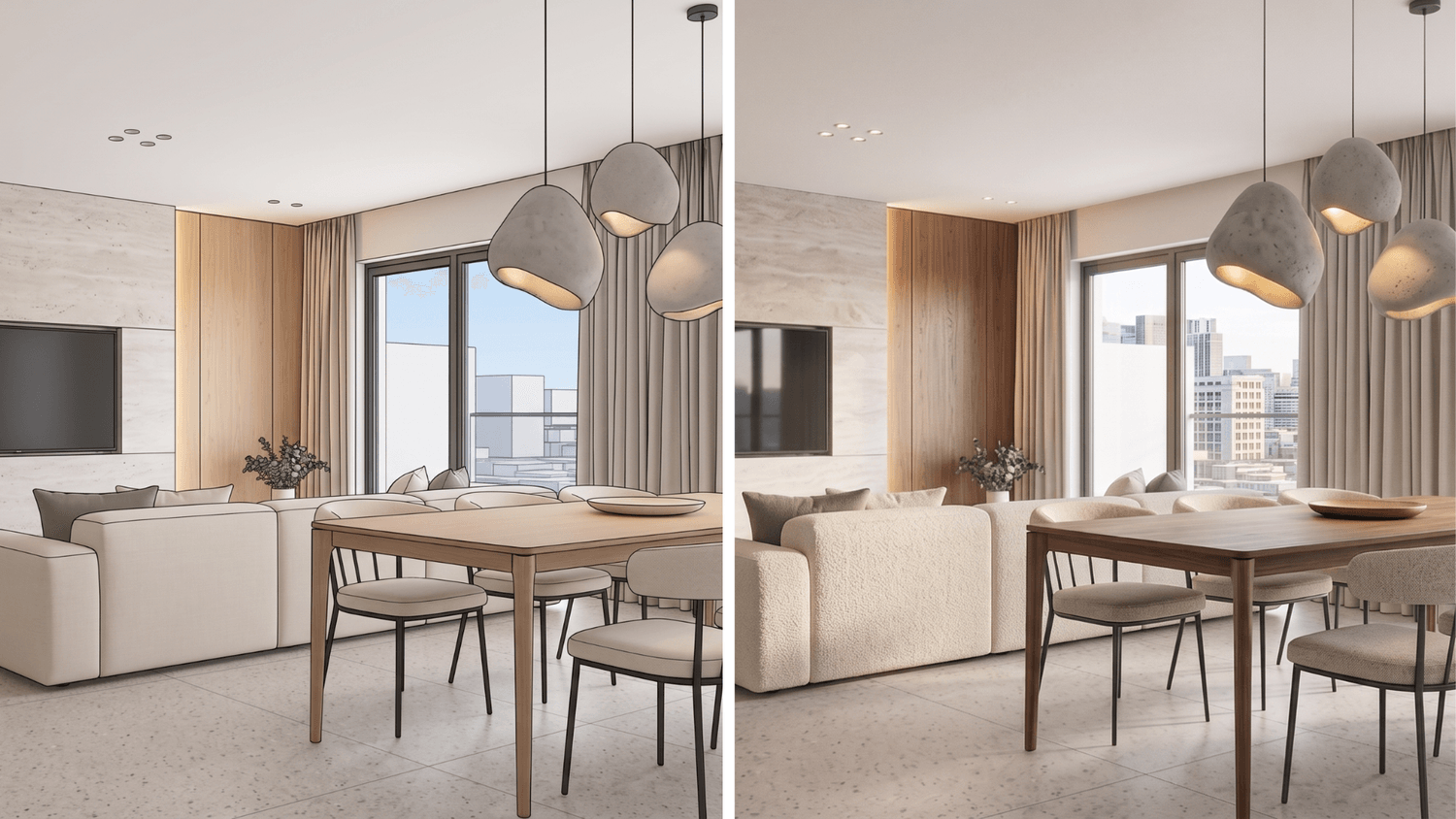 AI rendering of a modern apartment interior from concept to photorealistic view.