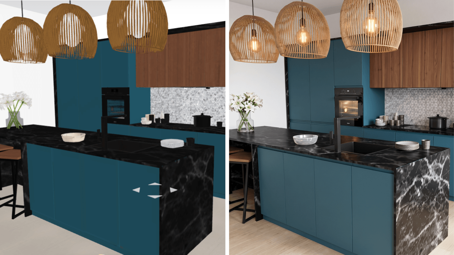 AI rendering of a modern teal kitchen from concept to realistic view.