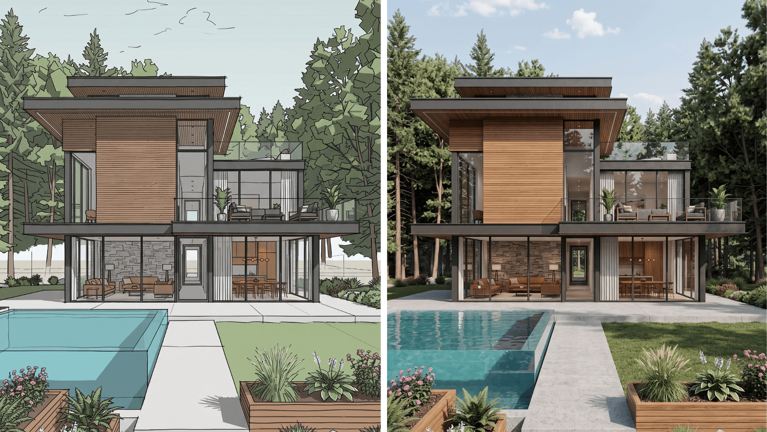 AI rendering of a modern house from sketch to photorealistic exterior.