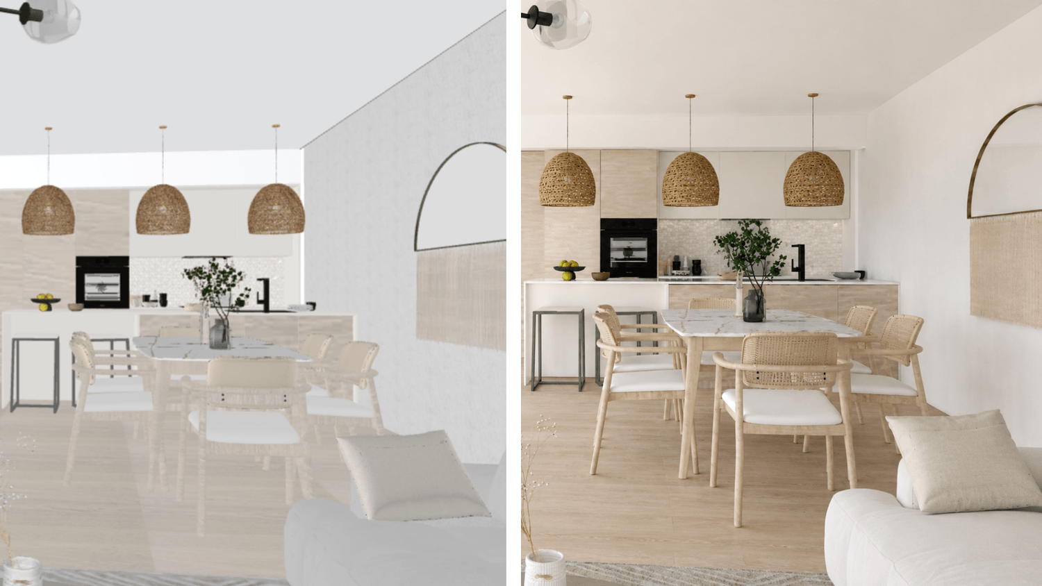 AI rendering of a bright kitchen from 3D model to realistic interior.