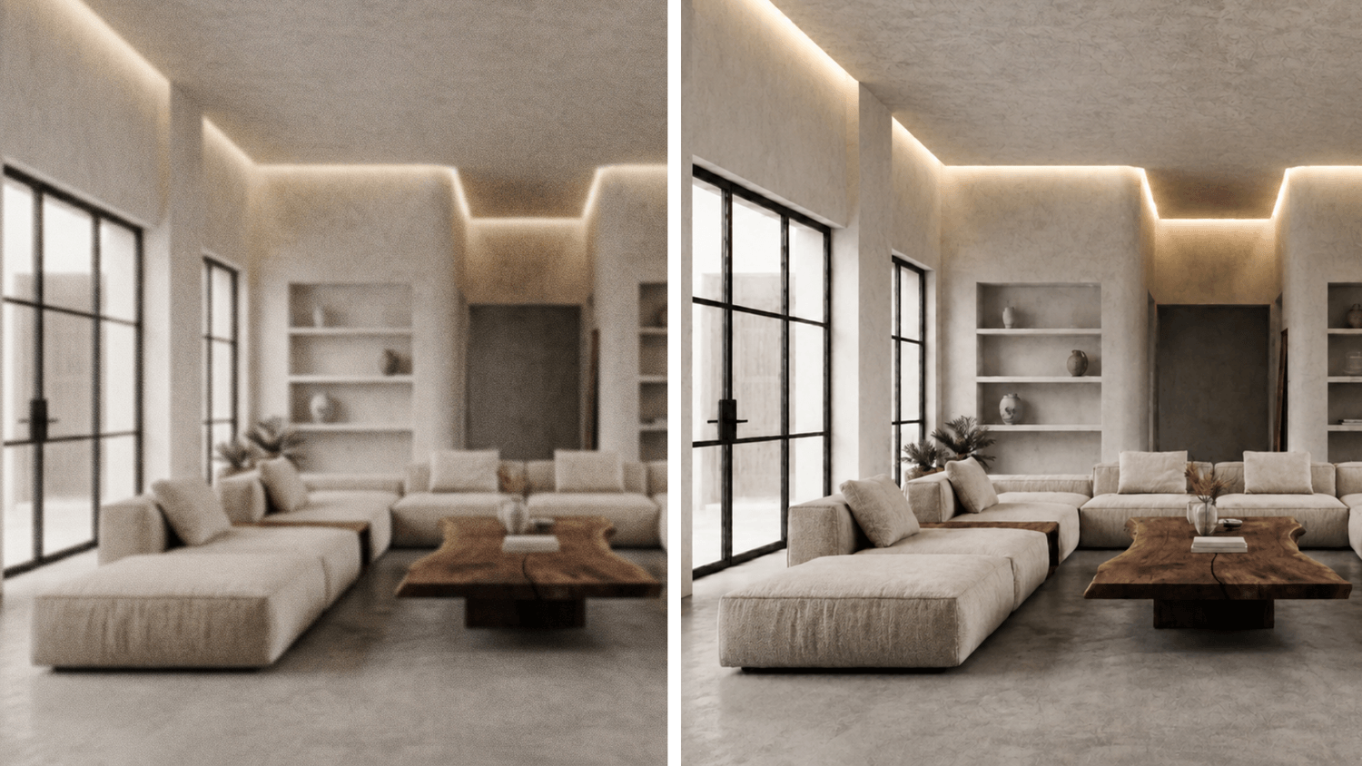 Before and after: enhancing quality of photorealistic render (living room)