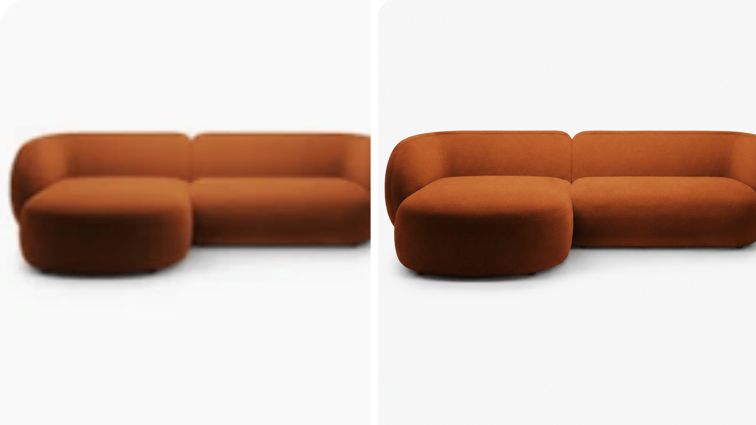 Before and after: improving the quality of an image of a terracotta sofa