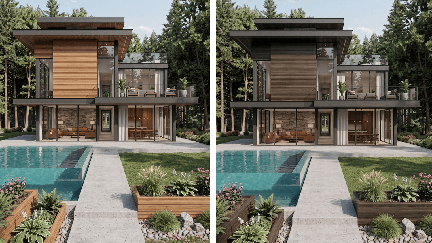 Transforming all existing wood surfaces into a darker wood on render with AI