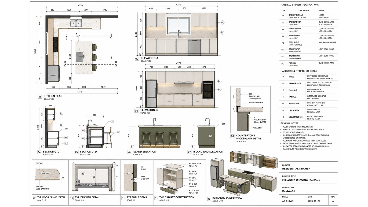 Milwork drawing of kitchen furniture