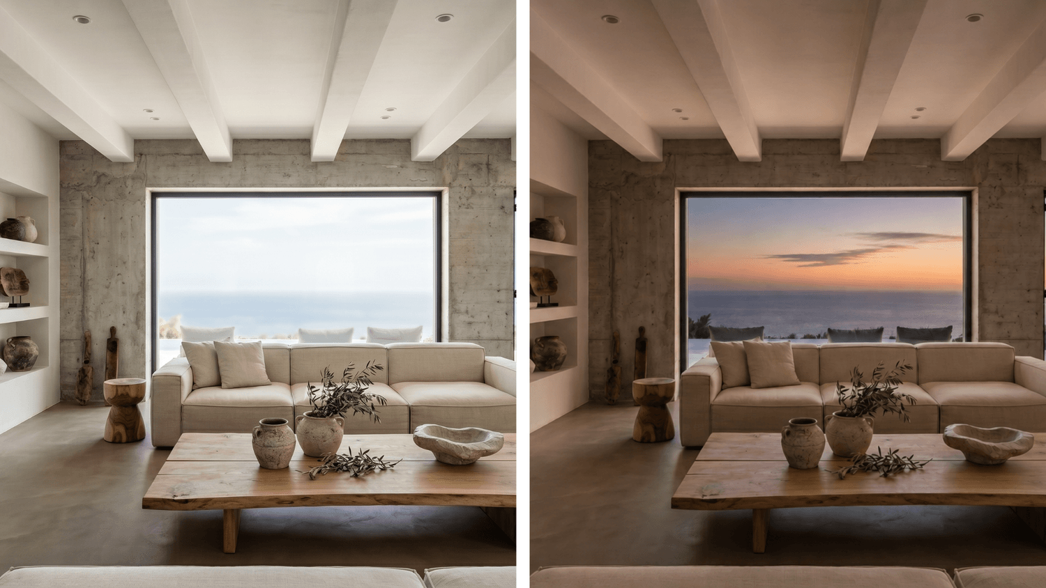 Changing the time of day in a render: living room in the morning and evening