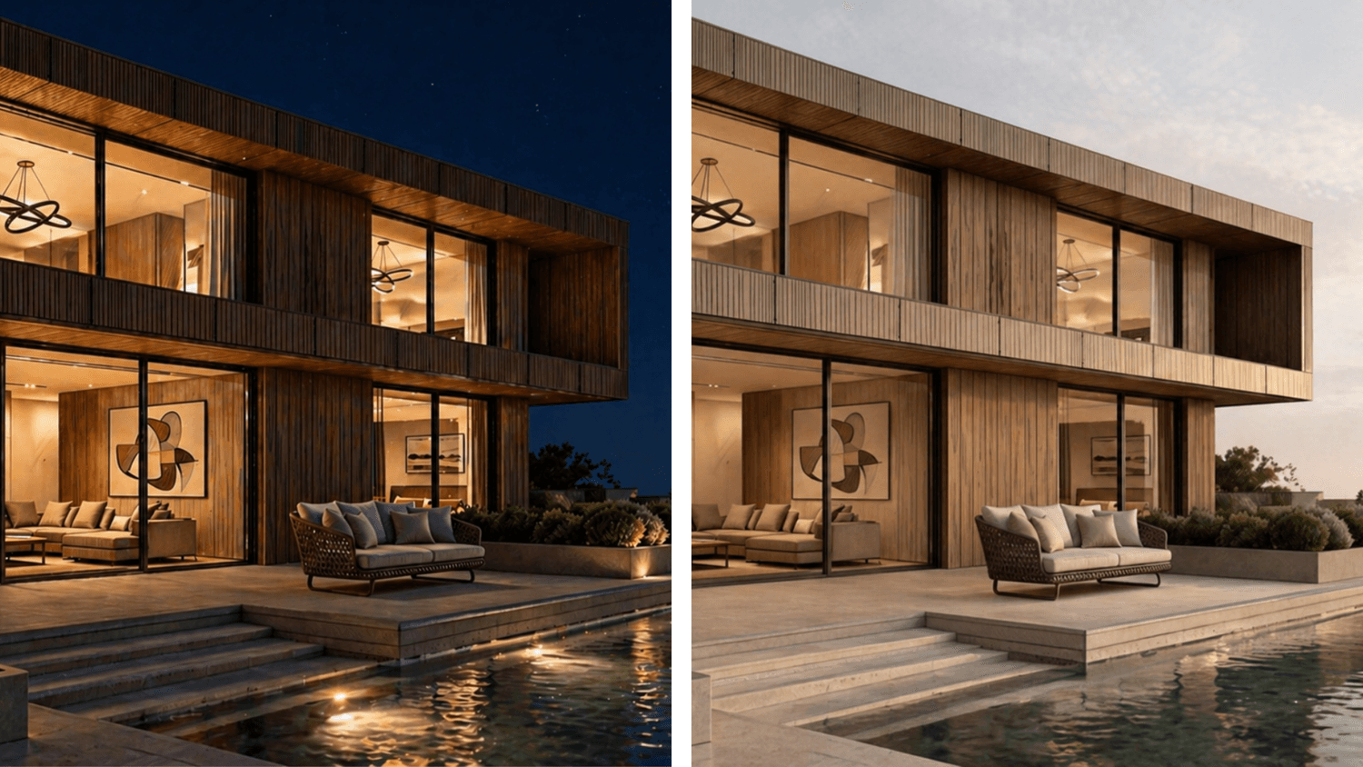 Changing the time of day in a render: modern house in the morning and evening